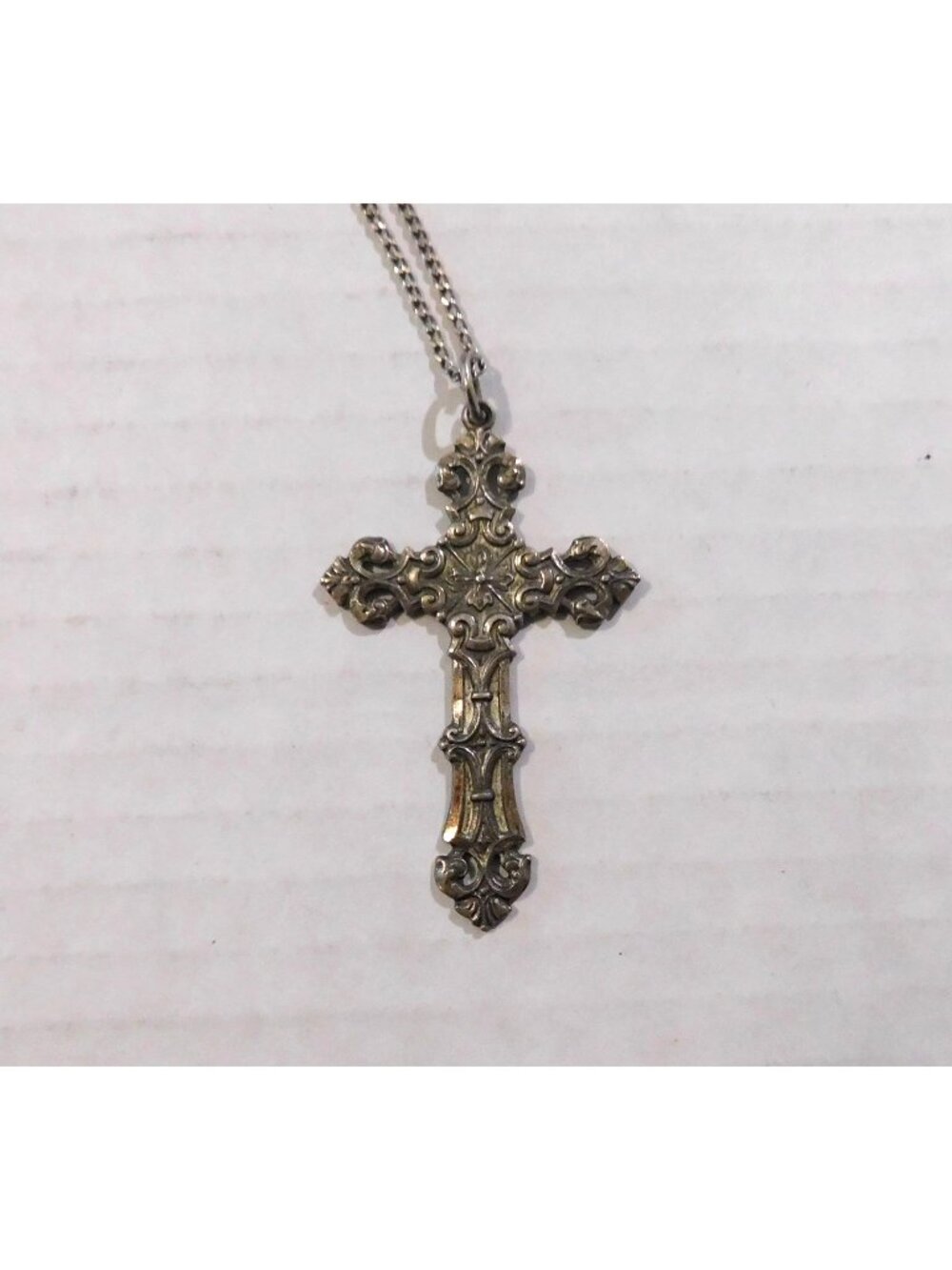Vintage Sterling Chapel Cross Necklace 27" Endless Chain Ornate 2” Pendant